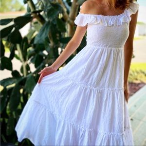 Ruffled smocked bodice embroidered sleeveless maxi dress, size small petite